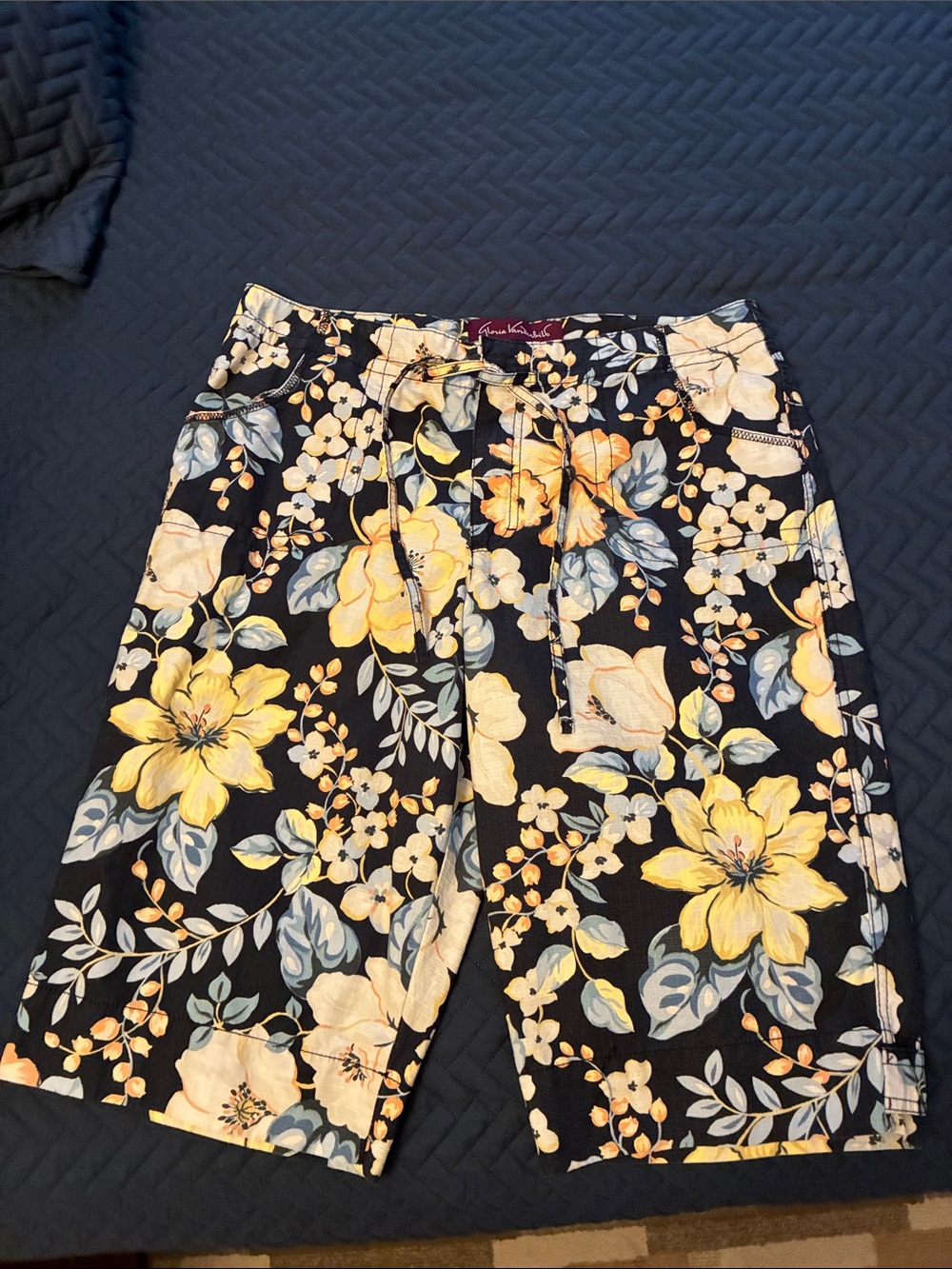 Gloria Vanderbilt Navy Floral Drawstring Bermuda Shorts